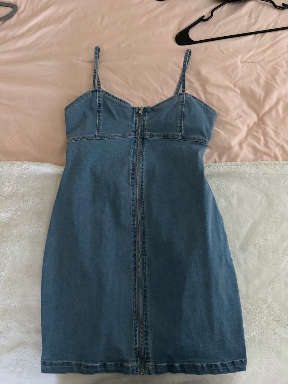 Blue Denim Zip-Front Spaghetti Strap Dress
